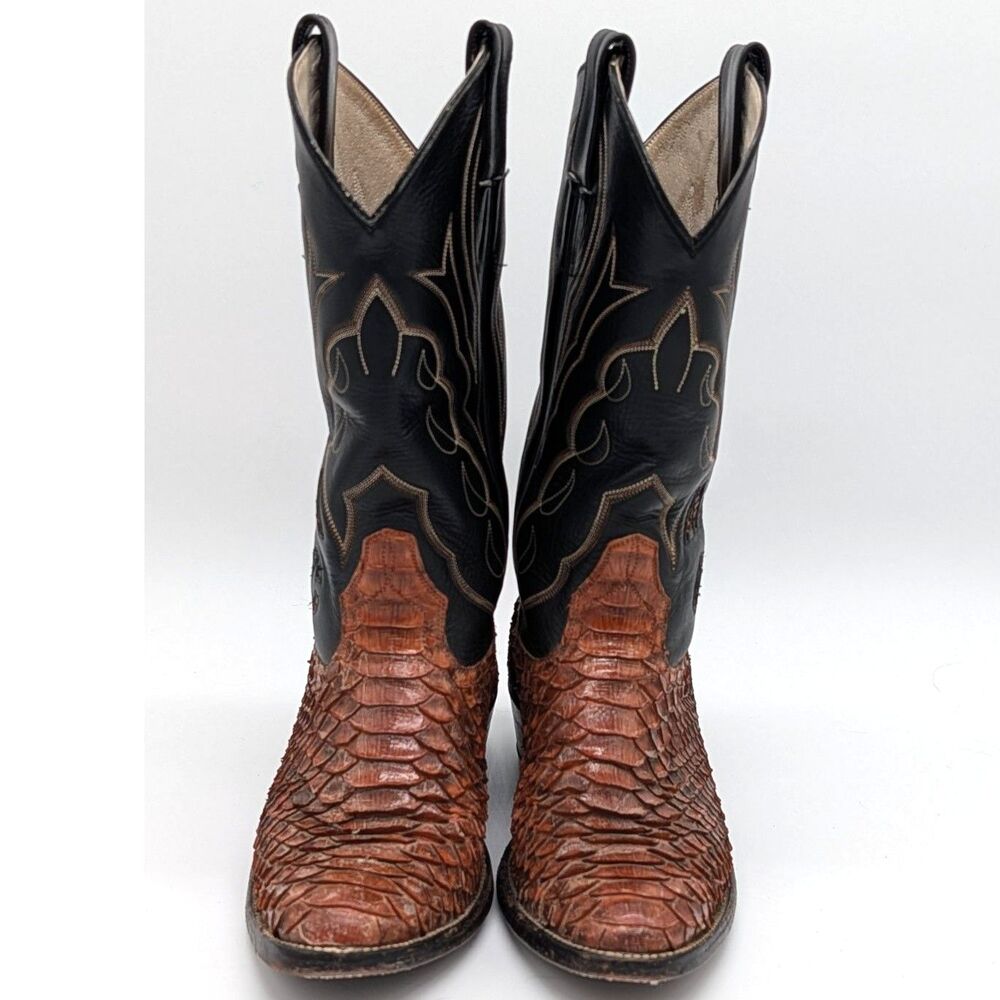 Women's 7.5 Exotic Leather Cowboy Boots Black Brown Western Embroidered